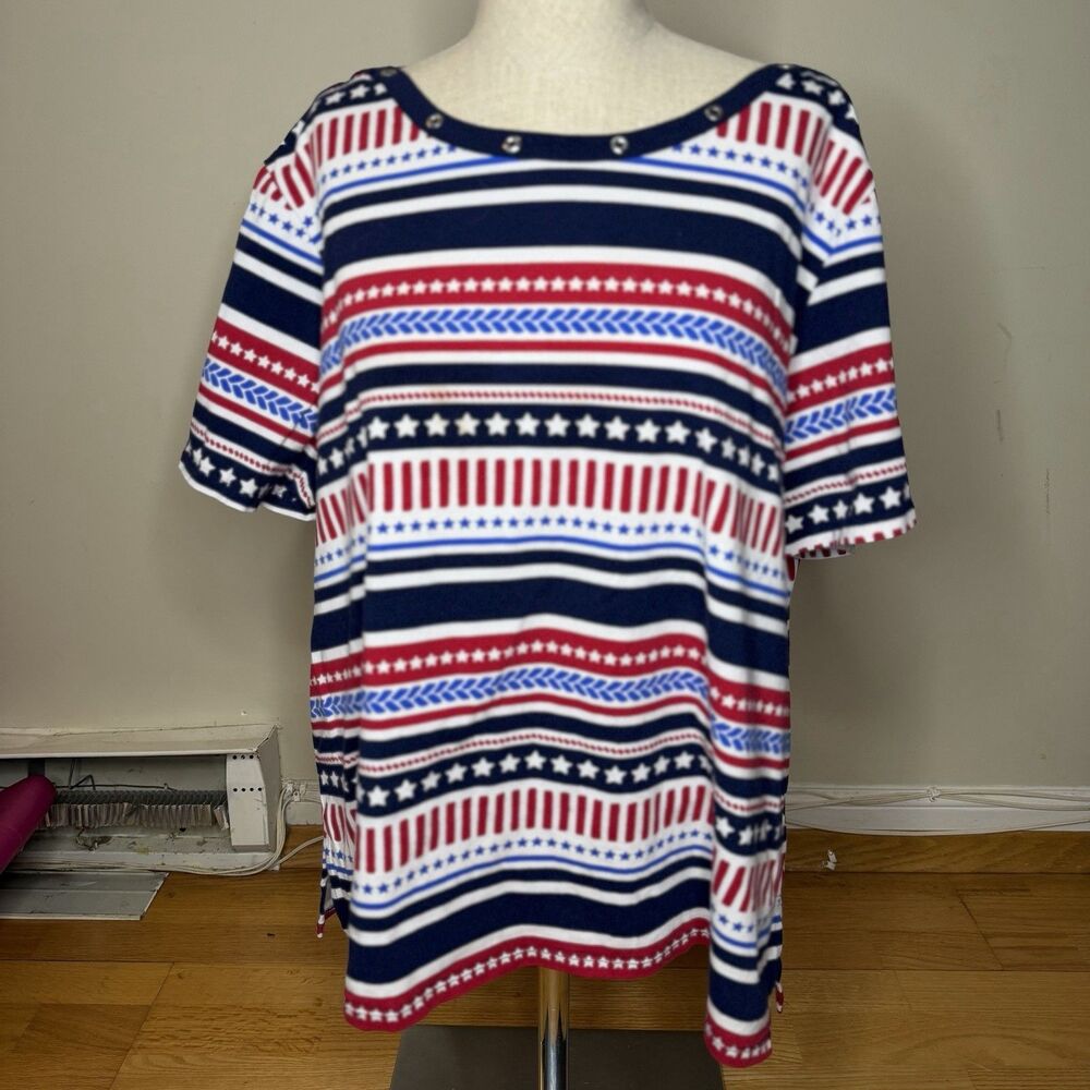 Alfred Dunner Patriotic Americana Top XL Red White Blue Nautical 4th Of July GUC